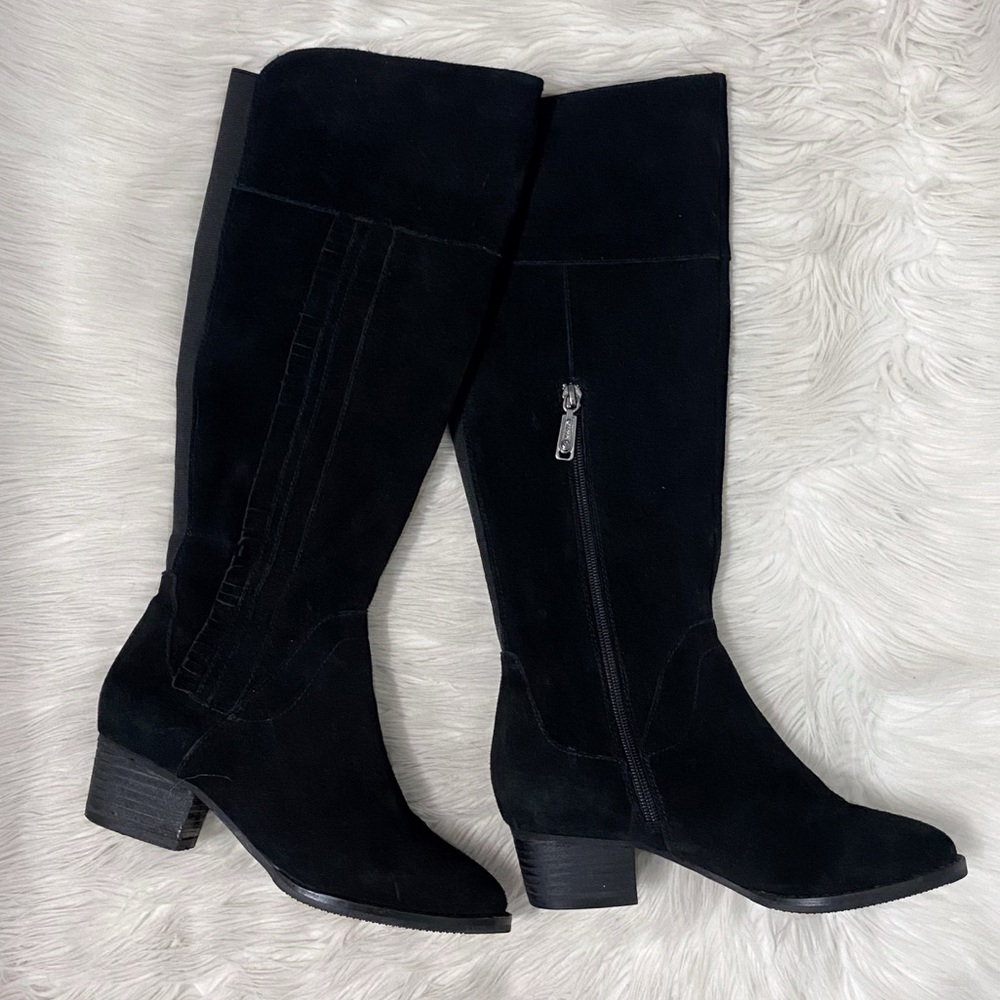 Blondo Black Suede Western Fringe Nestle Waterproof Knee High Tall Heeled Boots